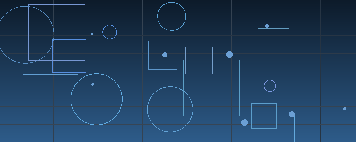 Abstract navy blue geometric composition of overlapping circles and rectangles on a fine grid, suggesting two institutional structures merging into one