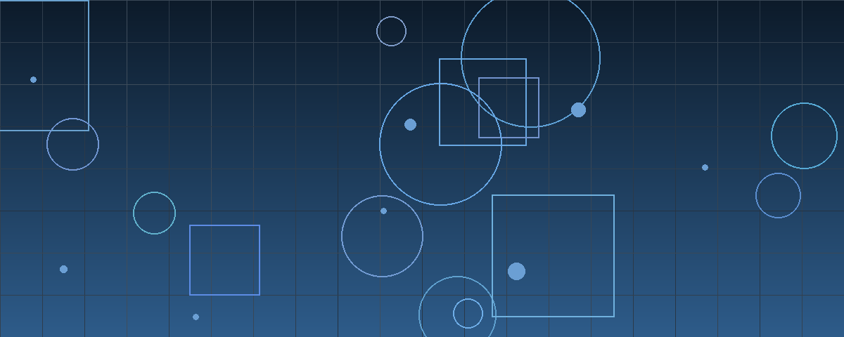 Abstract navy blue geometric composition of a horizontal grid crossed by offset circles and rectangles, suggesting a balance level being measured against a fixed reference line